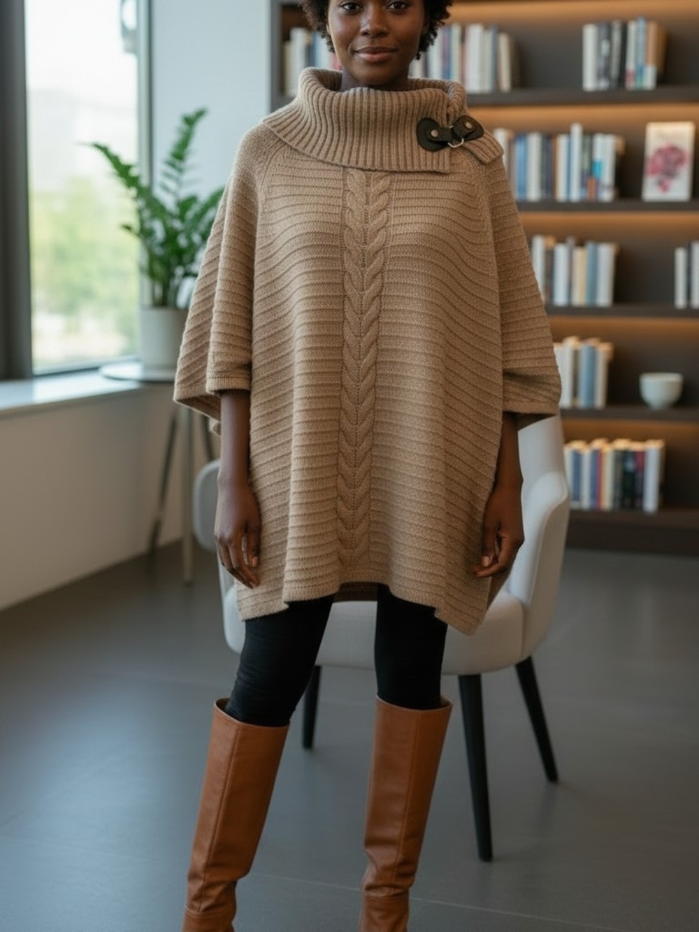 Lane Bryant Cable-Knit Poncho in Tan with Buttoned Cowl